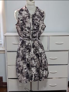 Samuel Dong Graphic Black & White Printed Zip-Front Bubble Dress